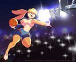 3_toes anthro ball barefoot basketball_(ball) big_breasts breasts clothed clothing feet female galacticmichi lagomorph leporid lola_bunny looney_tunes mammal rabbit raised_clothing raised_shirt raised_topwear shirt solo toes topwear warner_brothers