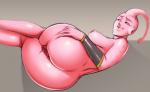 alien alien_humanoid big_butt butt clothing crossgender dragon_ball dragon_ball_z female gloves grey_background handwear humanoid kid_buu looking_at_viewer majin majin_buu mostly_nude mtf_crossgender not_furry pink_body pink_skin presenting rhodesio simple_background smile solo wide_hips