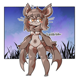 anthro blush breasts brown_body brown_ears brown_eyebrows brown_fur brown_hair brown_wings circle_eyebrows eyebrows featureless_breasts featureless_crotch female female_anthro fingers front_view fur grass hair mouth_closed narrowed_eyes navel nude nude_anthro nude_female orange_eyes outline plant small_waist smile solo standing wings lnb bat mammal 1:1 2025 digital_media_(artwork) full-length_portrait portrait