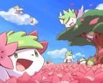 back_plant back_shrub cloud feral field flower flower_(anatomy) flower_field group head_flower open_mouth outside plant sky tree nettsuu nintendo pokemon elemental_creature flora_fauna generation_4_pokemon land_forme_shaymin legendary_pokemon pokemon_(species) shaymin sky_forme_shaymin 2018 5:4