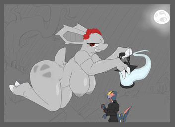 anthro big_breasts blush border breasts clothing duo erection erection_under_clothing female floating grey_border lamp lantern male male/female jizzus nintendo pokemon lilly_(jizzus) ollie_(jizzus) generation_1_pokemon generation_3_pokemon ghost lagomorph leporid mammal nidorina pokemon_(species) rabbit reptile scalie seviper snake spirit