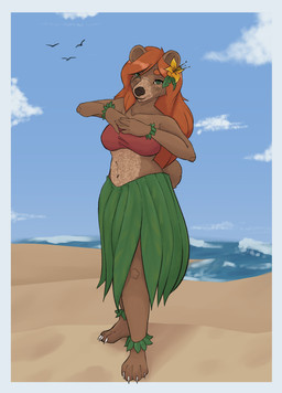 accessory anthro belly big_nose breasts claws clothing cloud countershade_torso countershading crop_top dark_nose female flower flower_in_hair freckled_belly freckled_face freckles grass_skirt green_eyes hair hair_accessory hair_down navel nub_tail orange_hair pawpads plant round_ears sand sea selfie shirt sky solo thick_thighs toe_claws topwear water wave katahdin kat_(katahdin) avian bear bird mammal hi_res