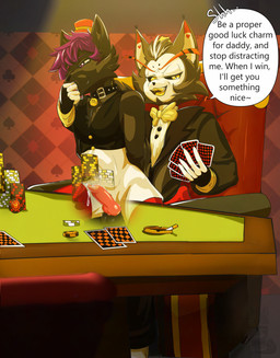 anal anal_penetration anthro arms_tied bell bell_collar bodily_fluids bound card chair chair_position cheek_tuft chest_tuft clothed clothed_anthro clothed_male clothed_sex clothing collar crossed_arms dripping duo duo_focus erection facial_tuft finger_in_mouth fingering from_behind_position fur furniture gambling genital_fluids genitals group hair hands_behind_back knot knotted_penis leaking_penis leaking_precum male male/male male_penetrated male_penetrating male_penetrating_male mouth_bulge mouth_play multicolored_body multicolored_fur multicolored_hair on_bottom on_chair on_lap on_top open_mouth open_smile oral_fingering penetration penis playing_card precum reverse_cowgirl_position saliva saliva_drip saliva_string sex sitting sitting_on_another sitting_on_chair sitting_on_lap smile sound_effects speech_bubble squinted_eyes text tuft waiter_suit tabascomilk hazbin_hotel hellaverse husk_(hazbin_hotel) shade_nox hybrid absurd_res english_text hi_res