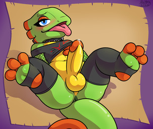 3_toes alternative_fashion anthro anus balls bedroom_eyes blue_eyes bodily_fluids butt clothed clothing collar curled_tail ear_piercing erection eyelashes feet femboy genital_fluids genitals goth green_body half-closed_eyes hand_under_shirt looking_at_viewer male multiple_piercings narrowed_eyes navel nude open_mouth penis piercing precum presenting presenting_hindquarters pulling_up_topwear punk seducing_viewer seductive simple_background smile solo spreading stirrup_legwear tail thick_thighs toes tongue tongue_out topwear ratify playtonic_games yooka-laylee yooka chameleon lizard reptile scalie digital_media_(artwork) hi_res