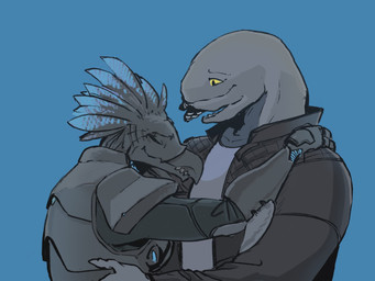 anthro beak blue_body blue_feathers breasts duo feather_hair feathered_crest feathers female female_anthro head_crest hug interspecies interspecies_romance male male/female male_on_anthro mandibles non-mammal_breasts pseudo_hair sharp_teeth simple_background teeth yellow_eyes tungsten_hale halo_(series) microsoft xbox_game_studios alien avian kig-yar sangheili scalie t'vaoan 4:3 colored hi_res