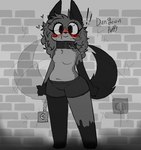 anthro biped black_eyes blush breasts chain_collar clothed clothing collar featureless_breasts female fur grey_body grey_fur heart_symbol looking_at_viewer solo tail tail_motion tailwag topless topless_anthro topless_female dawrklawst canid canine canis domestic_dog mammal 2024 absurd_res hi_res