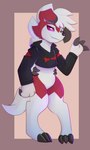 adolescent anthro bottomless clothed clothing cropped_hoodie generation_7_pokemon hi_res hoodie kitsunekotaro lance lycanroc male melee_weapon midnight_lycanroc night nintendo pokemon pokemon_(species) polearm smile smiling_at_viewer solo topwear wave weapon young young_male