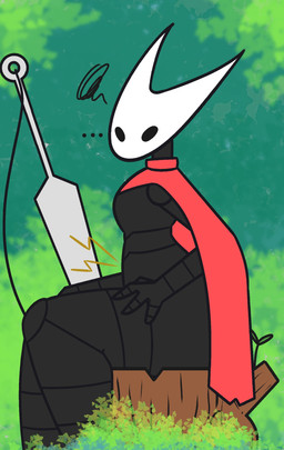 anthro black_body cape clothing female hornet's_needle log melee_weapon nature outside plant pooping red_cape red_clothing sitting sitting_on_log solo stomach_ache toilet_use tree_stump weapon wood wakowako hollow_knight_(franchise) team_cherry hornet_(hollow_knight) arthropod hi_res