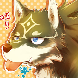 blep blue_eyes countershading exclamation_point feral fur half-closed_eyes male markings narrowed_eyes solo teeth text tongue tongue_out underbite y2k_(graphic_design) natsub_bkoge nintendo the_legend_of_zelda link_(wolf_form) canid canine canis mammal wolf 1:1 2017 chinese_text