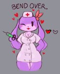 anthro blush breasts button_(fastener) cleavage clothed clothing demanding female floppy_ears fur grey_background hand_on_hip heart_symbol lips lipstick long_ears looking_at_viewer lop_ears makeup multicolored_body multicolored_fur nurse_clothing nurse_uniform one_eye_closed purple_body purple_fur ribbons simple_background solo syringe tight_clothing uniform wink zlut385 cave_story nicalis chaco_(cave_story) lagomorph leporid mammal mimiga rabbit colored digital_drawing_(artwork) digital_media_(artwork) low_res