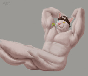 anthro black_kerchief blue_eyes fur grey_background hands_behind_head heterochromia kerchief male male_anthro mouth_closed muscular muscular_anthro muscular_male nude overweight overweight_anthro overweight_male pink_nose pupils simple_background slit_pupils solo whiskers white_body white_fur yellow_eyes aduran felid mammal 2022 dated hi_res signature