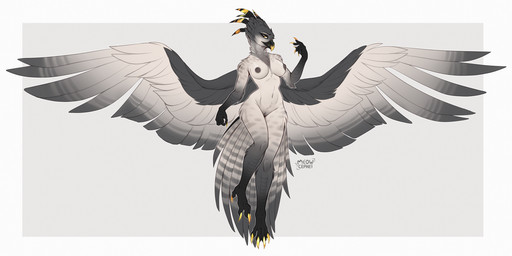 anthro areola biped breasts clitoral_hood female female_anthro genitals humanoid_genitalia humanoid_vulva looking_at_viewer medium_breasts navel nipples non-mammal_breasts non-mammal_navel non-mammal_nipples small_waist solo spread_wings vulva wide_hips wings yellow_eyes conditional_dnp meowcephei accipitrid accipitriform avian bird eagle harpy_eagle hi_res