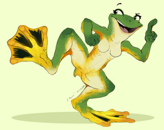 anthro breasts countershade_face countershade_legs countershade_torso countershading featureless_breasts featureless_crotch feet female floating_eyebrows foot_focus green_body membrane_(anatomy) multicolored_body non-mammal_breasts nub_tail open_mouth open_smile pink_tongue simple_background smile solo teeth toes tongue webbed_feet wide_feet e-foxdactyl amphibian frog absurd_res hi_res signature