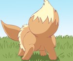 ambiguous_gender brown_body brown_fur butt featureless_butt featureless_crotch feral fur grass multicolored_body multicolored_fur null plant presenting presenting_hindquarters rear_view sky solo pichu90 nintendo pokemon eevee generation_1_pokemon pokemon_(species)