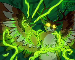 anthro antlers attack feathered_wings feathers fluffy hoof_hands horn magic nature navel plant power vines wings furufoo deer deity mammal 5:4 hi_res