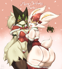 big_butt breasts butt christmas_clothing clothing duo female female/female green_eyes heterochromia holidays interspecies medium_breasts omnitrix pokephilia thick_thighs shoko_steff ben_10 cartoon_network christmas nintendo pokemon den10 cinderace generation_8_pokemon generation_9_pokemon meowscarada pokemon_(species) absurd_res hi_res