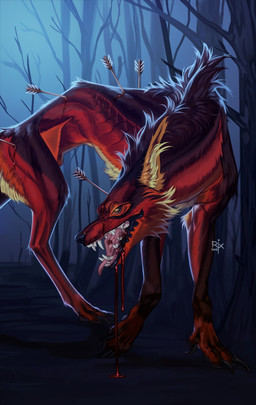 animal_genitalia arrow_wound back_tuft black_body black_claws black_fur black_lips black_mane black_nose black_sclera blood blood_from_mouth blood_in_mouth bodily_fluids cheek_tuft claws facial_tuft fangs feral forest fully_sheathed fur genitals glistening glistening_eyes inner_ear_fluff lips logo male mane multicolored_body multicolored_fur narrowed_eyes open_mouth orange_body orange_fur outside plant quadruped red_body red_fur red_tongue sheath solo teeth tongue tongue_out tree tuft yellow_body yellow_fur yellow_inner_ear_fluff riorix canid mammal 2019 artist_logo dated hi_res