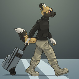 anthro big_ears black_nose boots bottomwear cargo_pants clothing footwear fur fur_markings fuzzy_tail jacket looking_forward male markings multicolored_body multicolored_fur orange_eyes pants shoes side_view simple_background solo suitcase topwear walking lonelyworld fari_paredes african_wild_dog canid canine mammal 1:1 2016