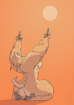 anthro big_arms breasts butt claws eyes_closed female fur gesture hand_gesture middle_finger muscular muscular_anthro muscular_arms muscular_female muscular_legs nipples nude open_mouth orange_background pawpads side_boob simple_background solo sun tan_body tan_fur teeth conditional_dnp jollyjack mythology canid canine mammal mythological_canine mythological_creature werecanid werecanine werecreature werewolf 2026