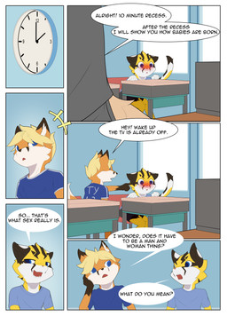 anthro blonde_hair blue_clothing blue_eyes blush classroom clock clothing dialogue duo fur hair male orange_body orange_fur poking questioning school stare ste text yellow_eyes young steel_cat steel_cat_(character) tycloud canid canine domestic_cat felid feline felis fox mammal absurd_res comic english_text hi_res