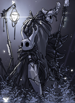 anthro black_eyes clothed clothing duo empty_eyes holding_object holding_weapon lamp lantern male mouthless staff weapon zummeng hollow_knight_(franchise) team_cherry arthropod insect 2019 digital_media_(artwork) hi_res