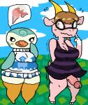 anthro breasts duo female genitals gynomorph intersex looking_at_genitalia looking_at_penis non-mammal_breasts penis penis_poking_out short_stack klutzatdusk roy_mccloud animal_crossing nintendo sprinkle_(animal_crossing) velma_(animal_crossing) avian bird bovid caprine goat mammal penguin artist_collaboration low_res