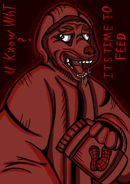 anthro bodily_fluids clothing fingers food hood jacket male peanut_butter saliva simple_background solo teeth text tongue topwear eyescutout canid canine mammal colored hi_res