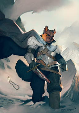 armor blood bodily_fluids cape christian_cross christian_symbol clothed clothing cross crucifix detailed_background jewelry melee_weapon necklace outside religion religious_symbol snow solo sword walking weapon stealthnachos christianity canid canine canis domestic_dog mammal