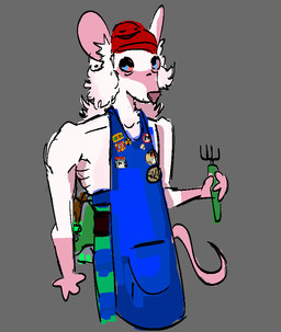 anthro apron beanie clothing fur hat headgear headwear male male_anthro pink_eyes shirtless shirtless_anthro shirtless_male simple_background solo white_body white_fur ratrat13 space_station_13 vlad_cool mammal murid murine rat rodent