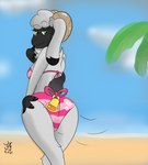 anthro back-tie_bikini back-tie_clothing back-tie_swimwear beach bikini bikini_bottom butt butt_pose clothing coy female fur pose sea seaside smug solo swimwear two-piece_swimsuit water wool_(fur) lexi_arts bovid caprine mammal sheep hi_res