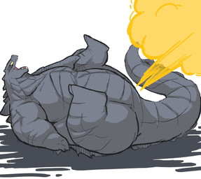black_body black_scales fangs fart fart_cloud fart_fetish laid_back male on_ground open_mouth overweight overweight_male scales simple_background solo spines spread_legs spreading teeth white_background yellow_eyes unknown_artist godzilla_(series) toho godzilla kaiju scalie hi_res source_request