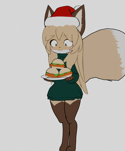 3_toes 5_fingers anthro arm_tuft big_ears big_eyes big_hat biped blonde_hair blush brown_body brown_ears brown_fur brown_hair brown_legs brown_nose burger cheek_tuft chest_tuft christmas_clothing christmas_headwear clothed clothing cute_fangs digitigrade ear_tuft elbow_tuft eyebrow_through_hair eyebrows eyelashes facial_tuft fangs feet female fingers fluffy fluffy_ears fluffy_hair fluffy_tail food fox_ears fur green_clothing green_eyes green_shirt green_topwear grey_background hair hair_over_shoulder happy hat headgear headwear holidays humor inner_ear_fluff joyful long_hair long_tail looking_at_another looking_down multicolored_body multicolored_fur multicolored_hair multicolored_tail neck_tuft oversized_clothing oversized_topwear plate pointy_ears pose santa_hat sharp_teeth shirt simple_background slim small_nose small_waist snout solo standing straight_hair sweater tail tail_motion tail_sway tail_tuft teeth thick_thighs toes topwear translucent translucent_hair tuft tufted_fur white_background white_body white_fur white_hair white_sclera wide_eyed yellow_body yellow_fur conditional_dnp qin christmas averi_(fiddleafox) canid canine fox mammal red_fox true_fox 2026 3d_(artwork) absurd_res cel_shading digital_media_(artwork) hi_res meme shaded