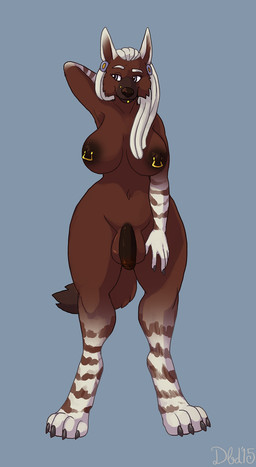 anthro balls big_balls big_breasts biped breasts circumcised dreadlocks flaccid genitals gynomorph hair humanoid_genitalia humanoid_penis intersex nipple_piercing nipples nude penis piercing simple_background solo white_hair wide_hips dizzy_by_design brown_hyena hyena mammal hi_res