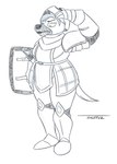 anthro armor clothing female fur headgear helmet mature_female melee_weapon plate_armor purple_clothing sallet shield solo sword weapon knifesharpener_(artist) jaqueline_(panzerschreckleopard) hyena mammal spotted_hyena 2023 hi_res line_art