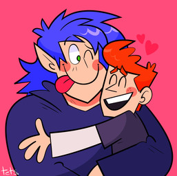 4_fingers bangs bent_arm black_eyebrows blue_clothing blue_hair blue_hoodie blue_shirt blue_topwear blush blush_lines closed_smile clothed clothed_human clothed_humanoid clothed_male clothing duo eyebrow_through_hair eyebrows fingers freckled_face freckles green_eyes hair happy heart_symbol hoodie hugging_partner humanoid_pointy_ears larger_humanoid larger_male light long_hair love male male/male male_human male_humanoid mouth_closed no_pupils not_furry one_eye_closed open_mouth open_smile orange_eyebrows orange_hair pink_background pointy_ears pointy_nose red_tongue shirt short_hair simple_background size_difference smaller_human smaller_male smile smiling_at_another smiling_at_partner straight_arm tan_body tan_skin teeth tongue tongue_out topwear translucent translucent_hair pigero kappa_mikey gonard_(kappa_mikey) mikey_simon human humanoid mammal 2019 cel_shading colored digital_drawing_(artwork) digital_media_(artwork) english_description hi_res lighting shaded signature