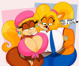 abstract_background accessory anthro big_breasts blonde_hair bottomless breasts brown_body brown_fur cleavage clothed clothing curvy_figure denim denim_clothing denim_overalls dialogue duo ear_piercing female fingers fur green_eyes hair hair_accessory hair_tie hand_on_hip hands_between_legs hat headgear headwear heart_symbol huge_breasts huge_hips huge_thighs lipstick long_hair makeup motion_lines multicolored_body multicolored_fur narrowed_eyes open_mouth open_smile orange_body orange_fur overalls panties piercing ponytail red_lipstick smile speech_bubble tan_body tan_fur text thick_thighs tongue topwear two_tone_body two_tone_fur underwear underwear_showing voluptuous voluptuous_anthro voluptuous_female white_clothing white_panties white_underwear wide_hipped_anthro wide_hipped_female wide_hips 3barts activision crash_bandicoot_(series) donkey_kong_(series) nintendo coco_bandicoot dixie_kong bandicoot haplorhine kong mammal marsupial monkey primate 2025 absurd_res crossover digital_drawing_(artwork) digital_media_(artwork) english_text hi_res