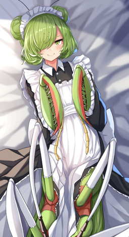antennae_(anatomy) apron bed black_clothing black_dress blush clothed clothed_female clothing dress female furniture green_eyes green_hair hair light_body light_skin lying maid_headdress maid_uniform mantis_arms on_back on_bed short_hair solo uniform white_apron white_clothing plan039 arthropod arthropod_taur humanoid_taur insect insect_taur mantis mantis_taur taur hi_res