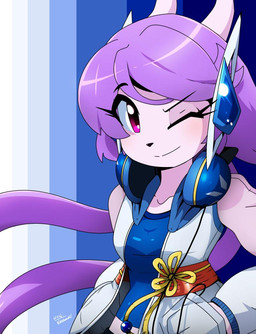 alternate_costume anthro breasts clothed clothing electronics female hair hand_in_pocket hands_in_both_pockets headphones headphones_around_neck horn jacket jewelry long_hair looking_at_viewer one_eye_closed pattern_background pockets purple_body purple_eyes purple_hair purple_skin red_eyes simple_background smile smiling_at_viewer solo striped_background topwear white_clothing white_jacket white_topwear wink winking_at_viewer kenjikanzaki05 freedom_planet galaxytrail mythology sash_lilac dragon hybrid mammal mythological_creature mythological_scalie scalie 2019 half-length_portrait portrait