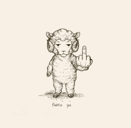 anthro fur gesture half-closed_eyes hand_gesture hooves horn looking_at_viewer male middle_finger narrowed_eyes solo standing text wool_(fur) reynard_goodfellow reynard_the_baa bovid caprine mammal sheep