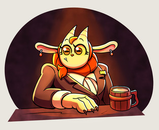 anthro claws clothed clothing container cup desk ear_piercing facial_hair fangs female furniture goatee horizontal_pupils horn mane mouth_closed mug name_tag piercing pupils solo suit suit_jacket table teeth wooden_mug travis_fowler dungeon_flippers iranian_mythology middle_eastern_mythology mythology maulie_(dungeon_flippers) felid mammal manticore 2025 half-length_portrait portrait