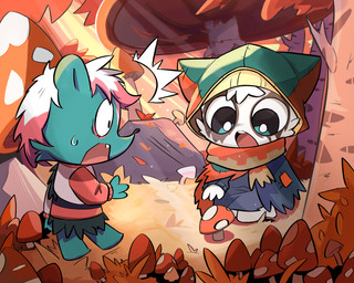 ambiguous_anthro ambiguous_gender anthro biped clothed clothed_ambiguous clothing duo fungus light looking_at_another mushroom open_mouth outside plant tree weeruka jalala_(cult_of_the_lamb) rinor_(cult_of_the_lamb) bear giant_panda mammal mephitid skunk 2024 5:4 absurd_res digital_drawing_(artwork) digital_media_(artwork) hi_res lighting