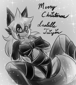 anthro asymmetrical_coloring asymmetrical_hair bangs bow_ribbon cheek_markings crossgender dark_body dark_fur duo facial_markings female fluffy fluffy_tail fur fur_markings gloves_(marking) hair hand_on_chest head_markings heart_symbol holidays leg_markings long_hair looking_at_viewer male male/female markings multicolored_body multicolored_fur neck_tuft ribbon_only ribbon_restrained ribbons simple_background socks_(marking) sparkles spiky_hair spread_legs spreading tail text tuft tetsushi christmas ismael_taiyin_jr. canid canine embereon fox mammal 2025 digital_drawing_(artwork) digital_media_(artwork) handwritten_text monochrome