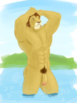 abs anthro balls bathing casual_nudity fingers flaccid foreskin fur genitals humanoid_genitalia humanoid_hands humanoid_penis male muscular muscular_anthro muscular_male nature nature_background nipples nude outdoor_nudity outside pecs penis simple_background solo water wet leo_sus_art felid feline lion mammal pantherine hi_res