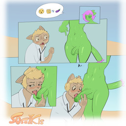balls becoming_erect blonde_hair cactus clothing duo foreskin genitals green_body hair half-erect lewd_symbolism male male/male navel necktie nude penis pink_hair plant slim slim_male sosalkis felid feline mammal absurd_res comic hi_res