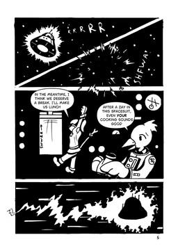 anthro control_panel dialogue duo female holding_object male space spacecraft spacesuit speech_bubble star stretching text vehicle phano a-lo_(phano) jun_(phano) avian felid feline mammal comic english_text hi_res monochrome