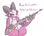 anterior_nasal_aperture anthro big_breasts bovid_horn breasts browning_automatic_rifle caprine_horn clothed clothing dialogue female goat_horn gun holding_object holding_weapon horn huge_breasts humor ranged_weapon solo stitch_(sewing) text weapon r-mk luxeia bovid caprine goat mammal 2022 english_text