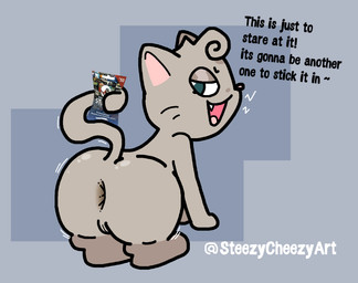 anus big_butt butt female feral fur genitals grey_body grey_fur looking_back nude presenting presenting_hindquarters pupils shaking_butt solo teasing teasing_viewer text vulva steezycheezy bobbing_cat domestic_cat felid feline felis mammal hi_res