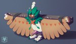 anthro bdsm bondage bound erection genitals male muzzle_(object) muzzled penis simple_background solo spread_arms wings n1k0 nintendo pokemon decidueye generation_7_pokemon pokemon_(species) hi_res