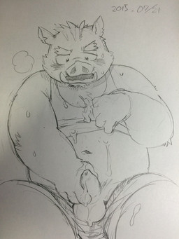 anthro balls belly blush bodily_fluids clothing cum erection genital_fluids genitals humanoid_genitalia humanoid_hands humanoid_penis kemono male masturbation navel overweight overweight_male penis shirt solo topwear underwear kita_9999 mammal suid suine sus_(pig) wild_boar 2015 hi_res sketch