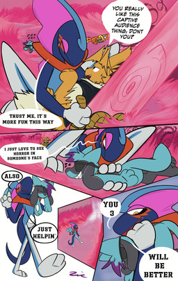 2_tails 5_panel_comic accessory ambiguous_gender anthro biped black_cape black_clothing black_eyes black_nose black_text blue_body bound brown_body brown_fur brown_hair cape clenched_teeth clothing dialogue eye_patch eyelashes eyes_closed eyewear feral fingers fluffy fluffy_tail fur group hair headband looking_at_another multi_tail neck_tuft open_mouth open_smile pawpads paws plant pupils quadruped question_mark robe sharp_teeth smile speech_bubble tail talking_to_another teeth text tongue tree tuft walking white_sclera yellow_eyes zincxiron nintendo pokemon pokemon_mystery_dungeon spike_chunsoft virmir_(character) zinc_(zincxiron) buizel eevee generation_1_pokemon generation_4_pokemon generation_8_pokemon inteleon pokemon_(species) riolu shiny_pokemon 2025 absurd_res comic english_text hi_res